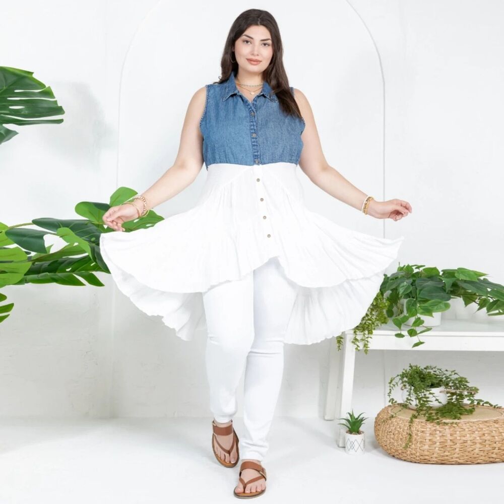 Young Threads Front-Open Asymmetrical High Low Top in White Size 3X